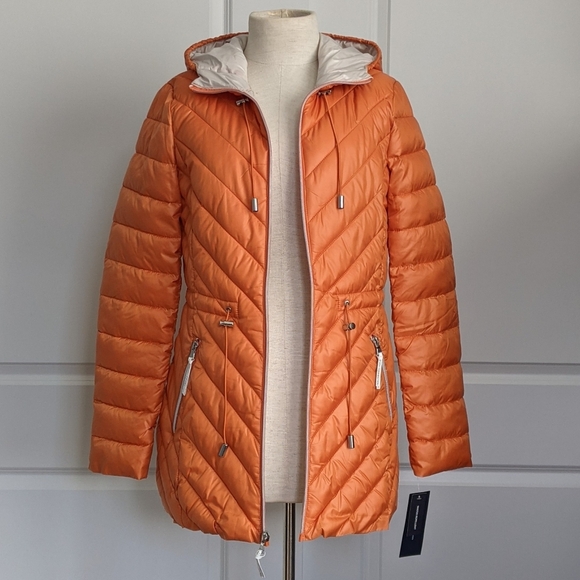 French Connection Jacket Hood Lightweight Chevron Quilted Packable Orange S NWT - Picture 4 of 16